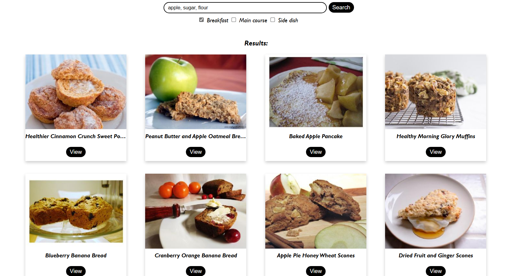 Example of filter results by meal types